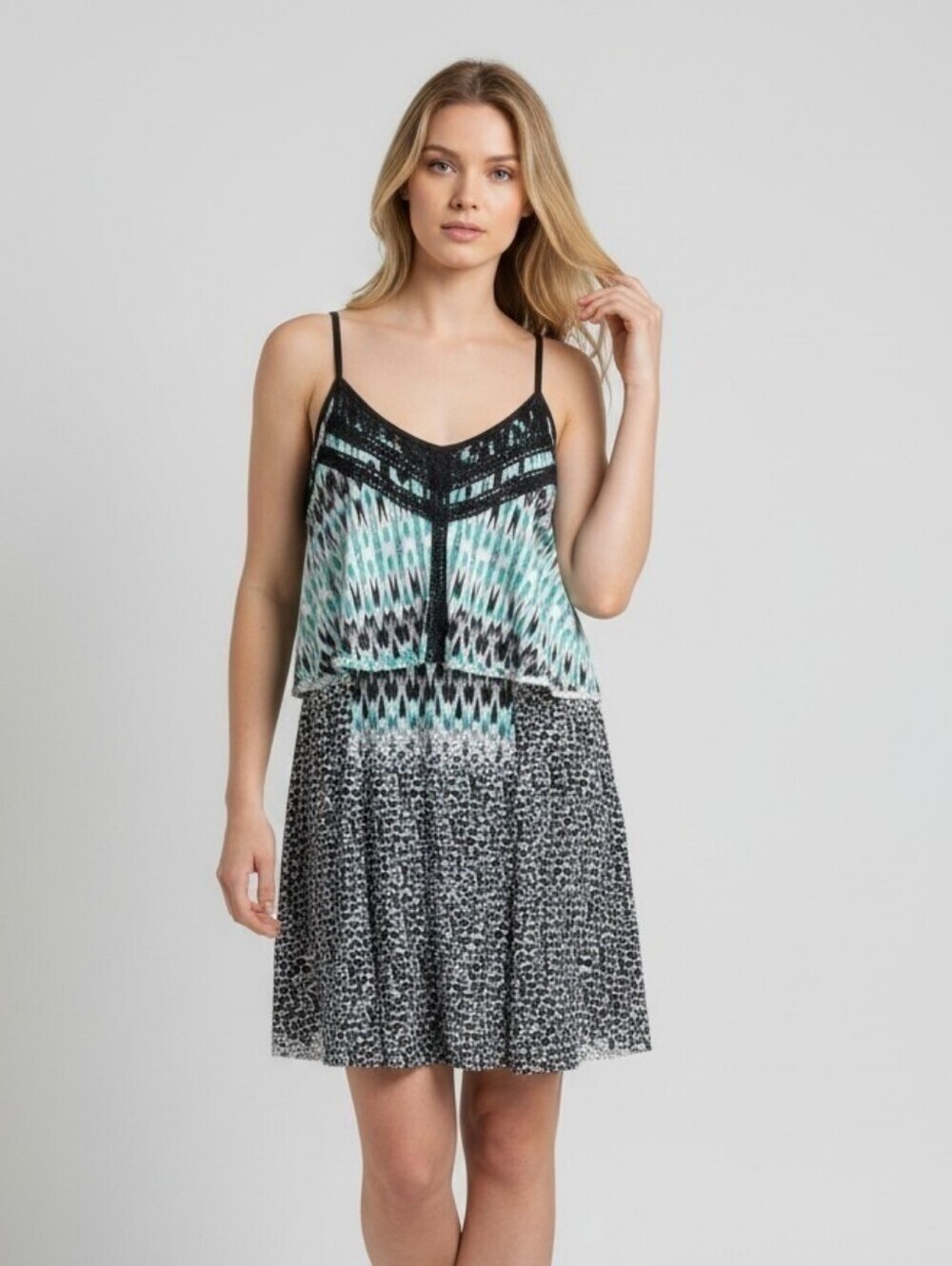NWT Vanity Teal, Black, & White Southwestern & Leopard Print Dress (M)